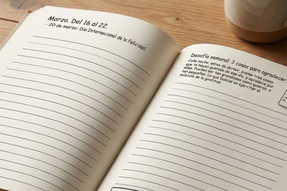 Agenda 2026 de autocuidado 'Esta agenda es para ti' abierta sobre un escritorio de madera, utilizada como planificador semanal y diario de gratitud para mejorar el bienestar mental.